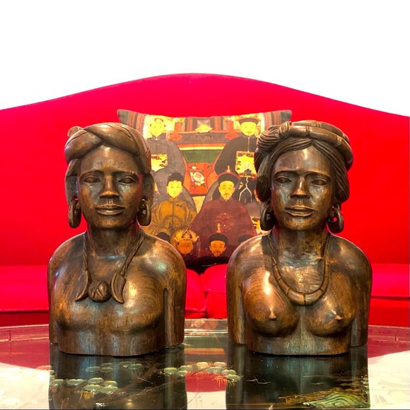 Other - Wood Carved Statues Set Of 2 Unique Detail Carved Man & Woman